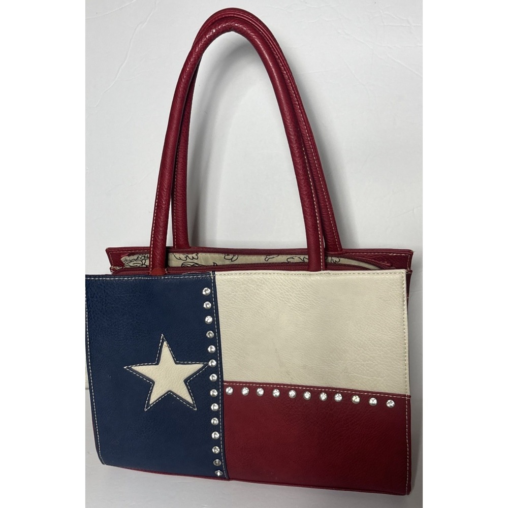 Texas Flag Tote Bag Rhinestone Embellished Red White Blue Shoulder Bag - Picture 13 of 16